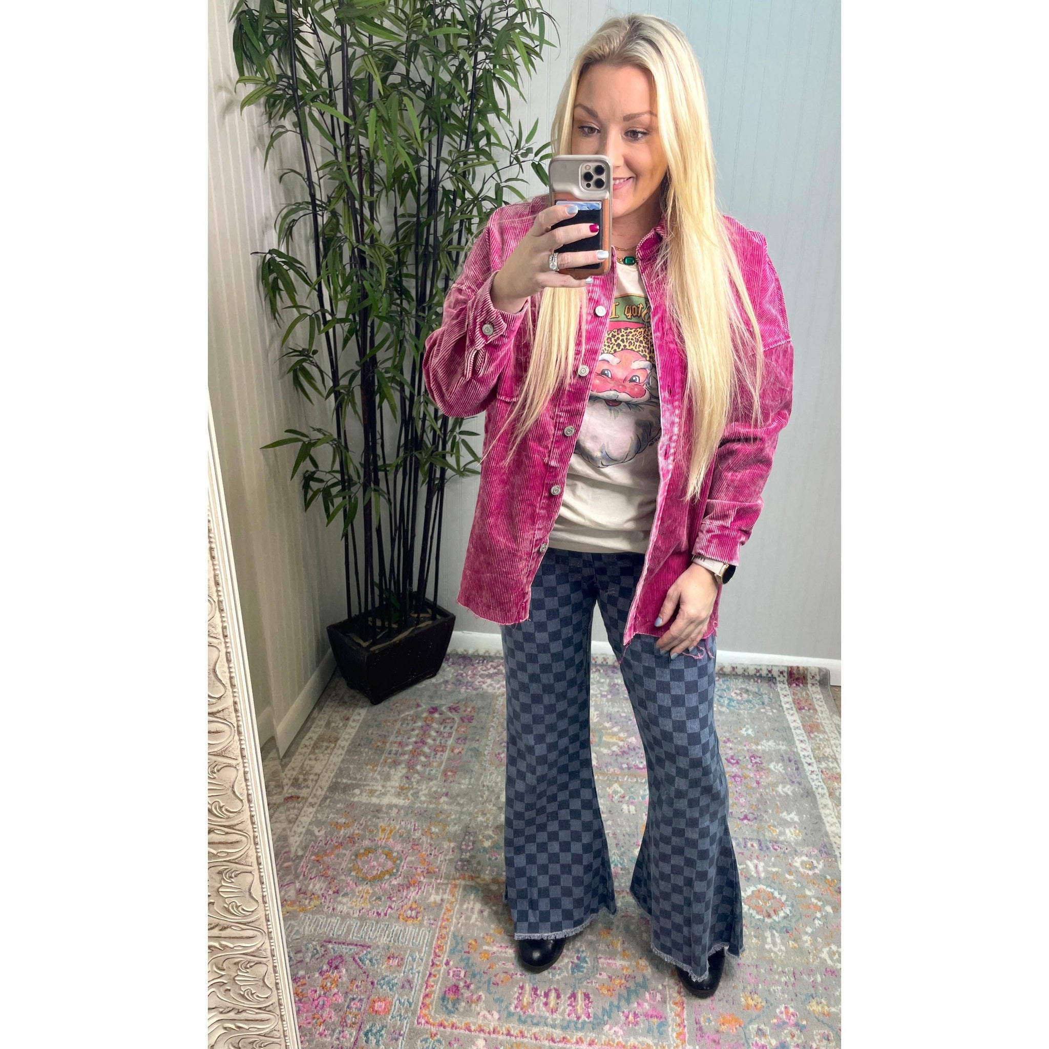 Checkerboard Denim Flare Pants - Southern Roots Clothing Company