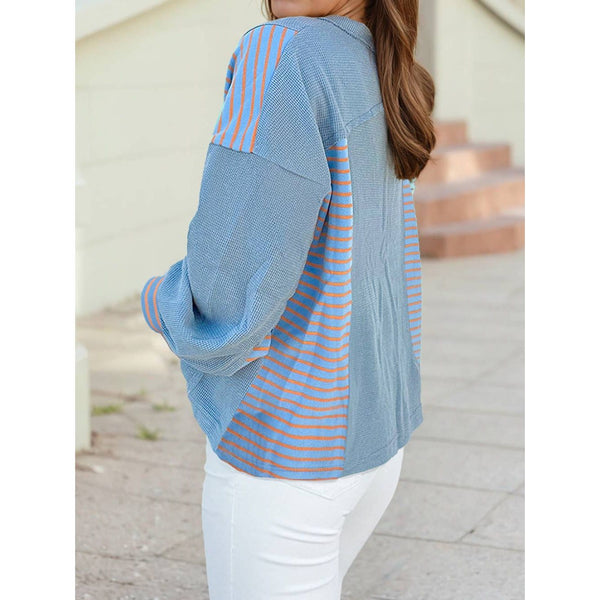 Exposed Seam Waffle Striped Patchwork Baggy Pullover