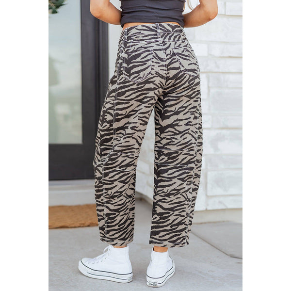 Zebra Stripe Denim Wide Barrel Leg Jeans
