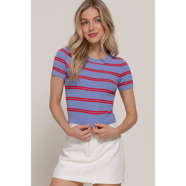 Short Sleeve Crew Neck Striped Sweater