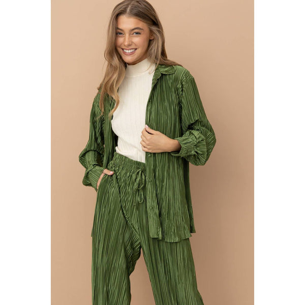 Accordion Pleat Button Blouse Pant Lounge Set