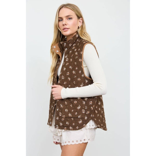 Floral Quilted Zip-Front Mock Neck Vest