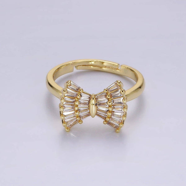 14K Gold Filled Clear Baguette Bow Ribbon Adjustable Ring