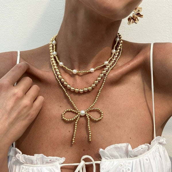 MULTILAYER BALL CHAIN BEAD PEARL BOW NECKLACE