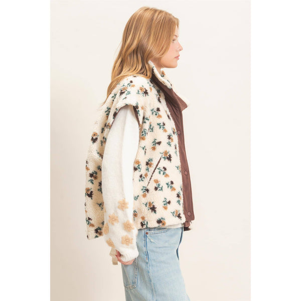 Floral Sherpa Vest With Corduroy