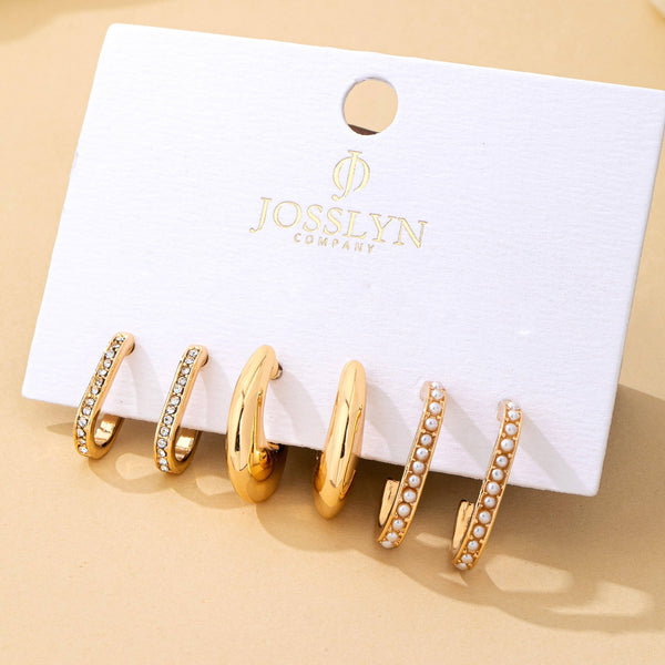 Rhinestone Pearl Huggie Hoop Trio Earrings