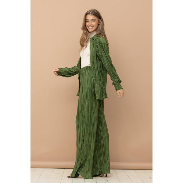 Accordion Pleat Button Blouse Pant Lounge Set