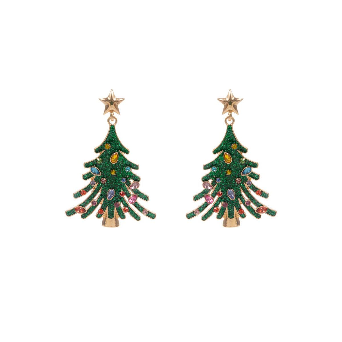Green Enamel Christmas Tree with Rhinestones 2" Earring