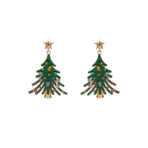 Green Enamel Christmas Tree with Rhinestones 2" Earring