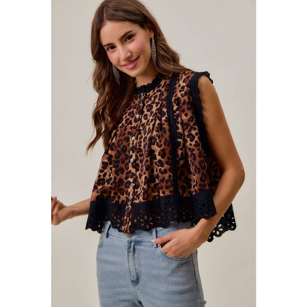 So Me - LEOPARD BUTTON UP PLEATED SLEEVELESS BLOUSE TOP