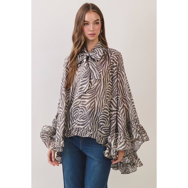 TCEC - CT10165-Zebra Print Ruffle Detail High Low Hem Blouse