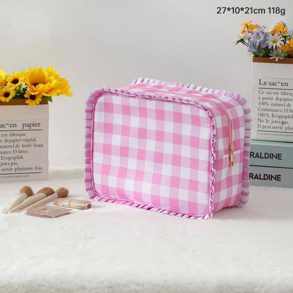 RUFFLE CHECKER STRIPE COSMETIC TRAVEL POUCH BAG