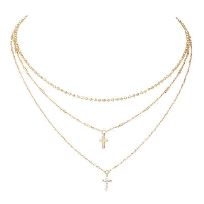Three Layered Small Cross Pave Necklace