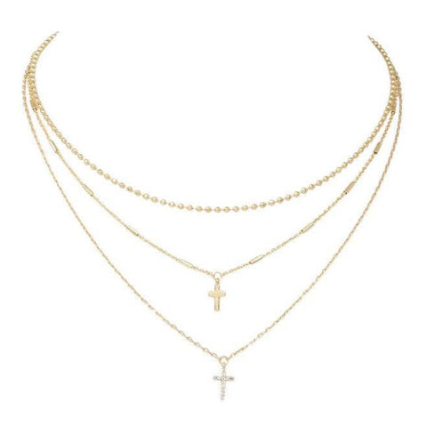 Three Layered Small Cross Pave Necklace