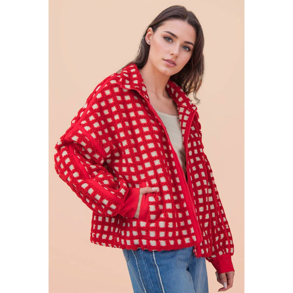 Oversized Checker Fleece Jacket
