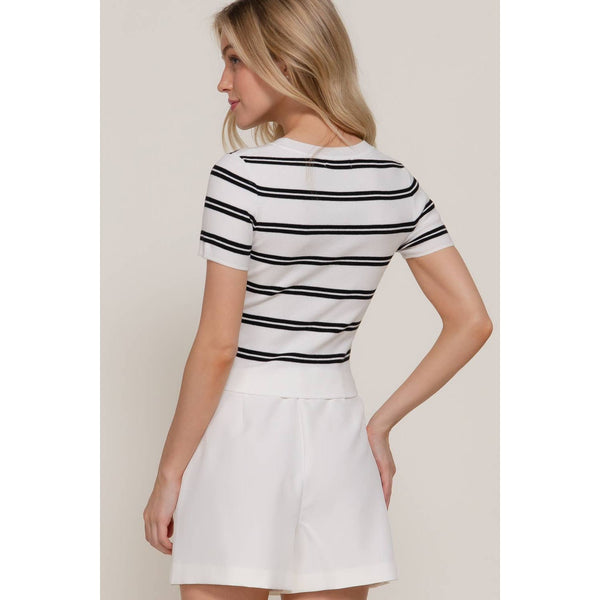 Short Sleeve Crew Neck Striped Sweater