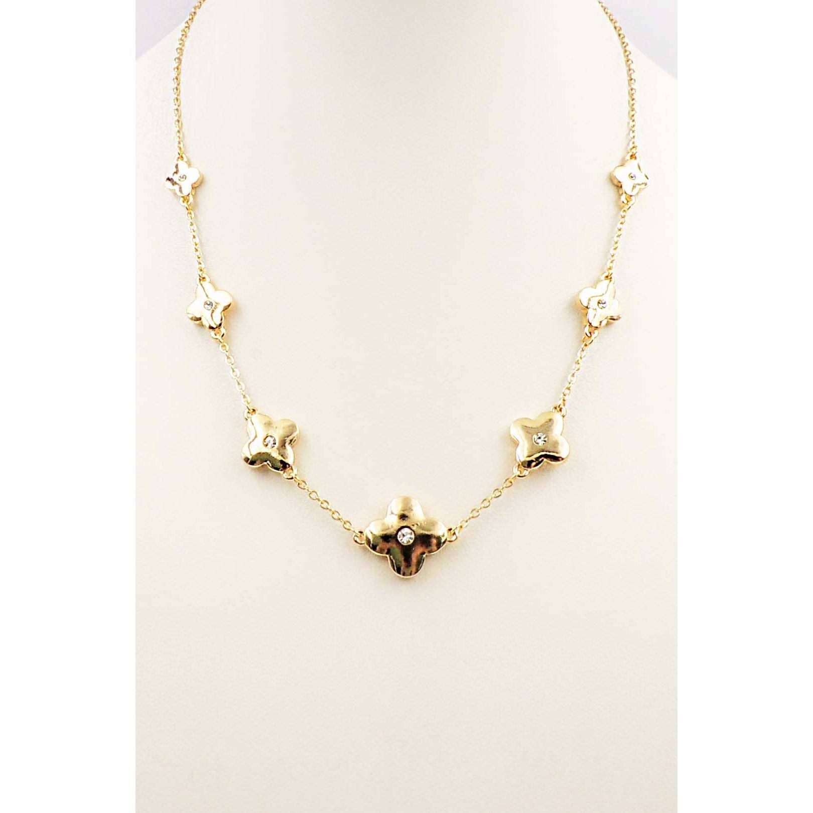 Gold Pointed Clover with Rhinestone Necklace