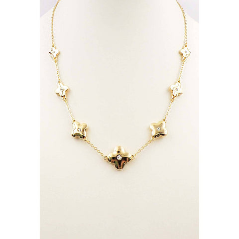 Gold Pointed Clover with Rhinestone Necklace