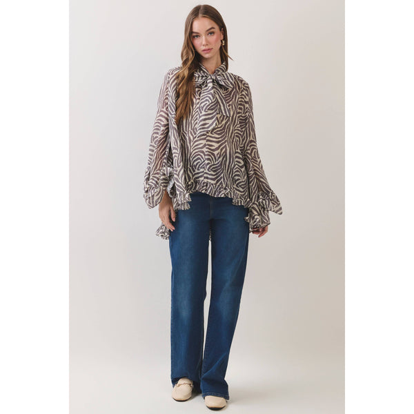 TCEC - CT10165-Zebra Print Ruffle Detail High Low Hem Blouse