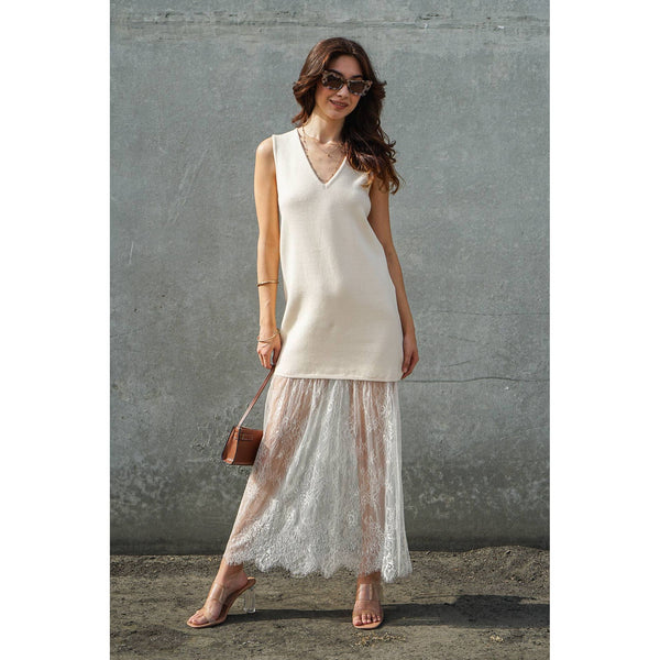 Lumiere - Lace Hem Sleeveless Knit Midi Dress