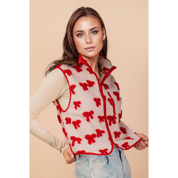 Textured Bow & Floral Printed Vest