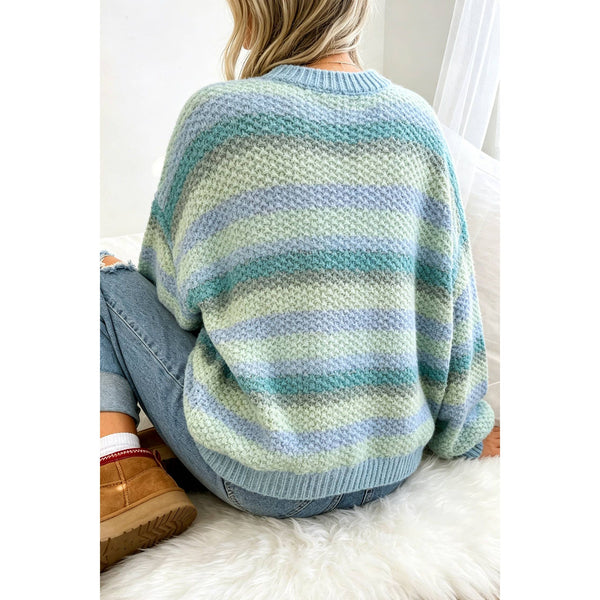 1 the Woman - Rainbow Striped Knit Round Neck Puff Sleeve Sweater