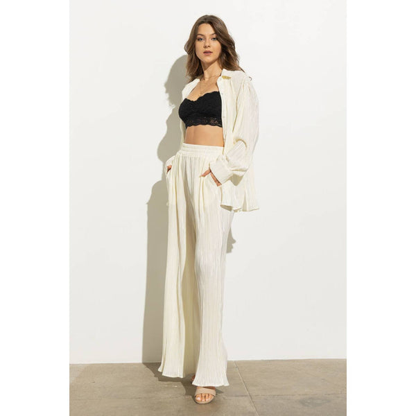 Accordion Pleat Button Blouse Pant Lounge Set