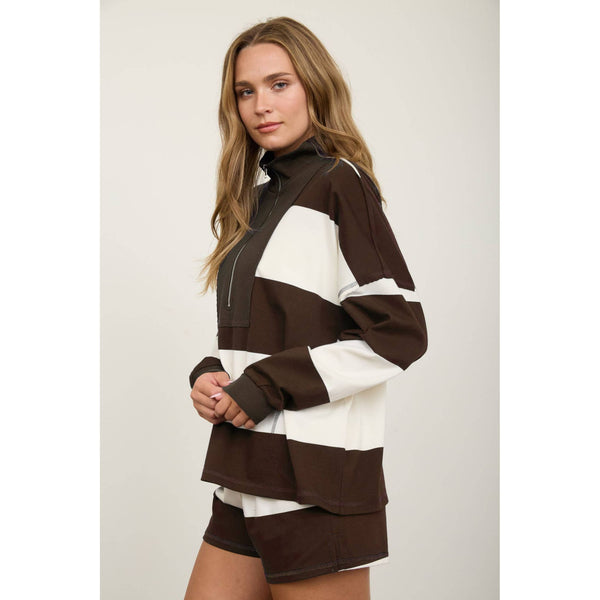 Wide Stripe Half Zip Top With Matching Shorts