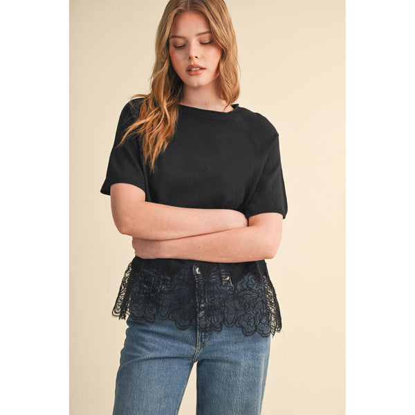 Lace Trim Black Short Sleeve Top