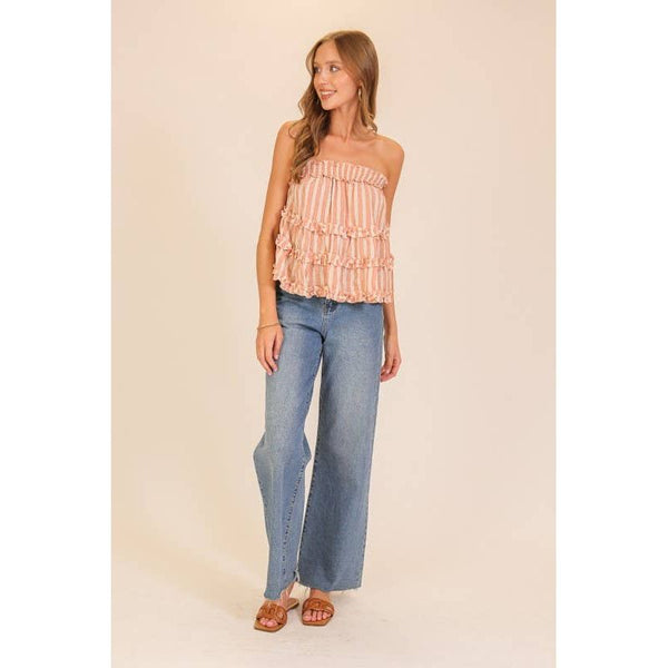 Ruffled Tiered Stripe Strapless Top