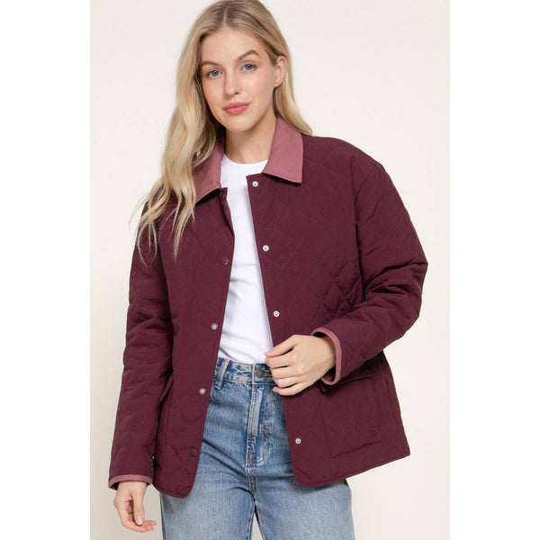 Long Sleeve Lapel Collar Quilted Puffer Jacket