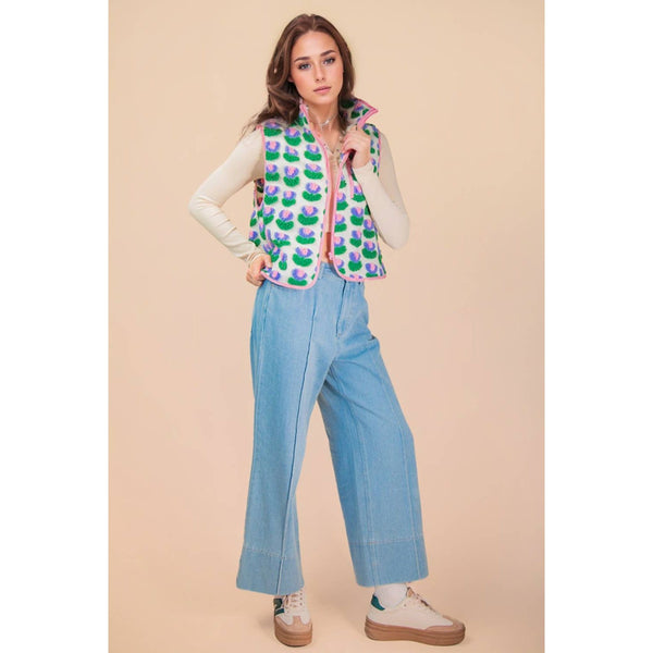 Textured Bow & Floral Printed Vest