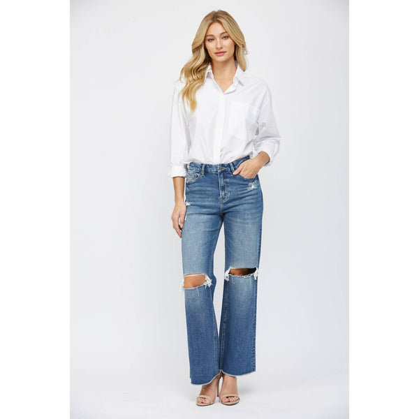 Mica Denim - Super Wide Leg Distressed Jeans