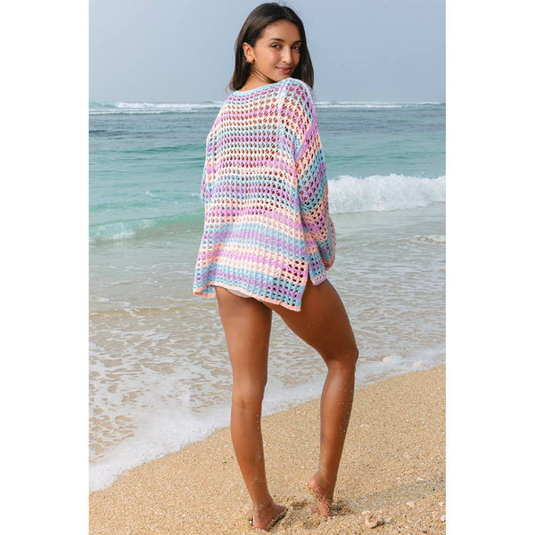 Multi Stripe Open Knit Sweater Beach Cover Up