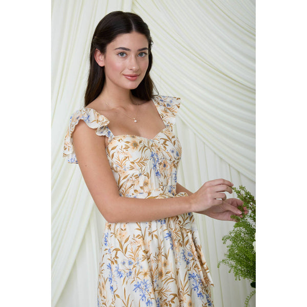 FLORAL WAIST TIE FRONT SLIT SLEEVELESS MIDI DRESS