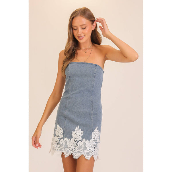 Lace Trim Denim Strapless Mini Dress