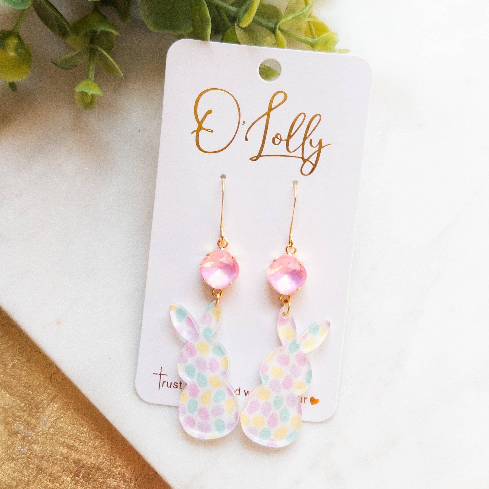 Easter Bunny Acrylic Earrings w/Pink Stone - Southern Roots Clothing Company