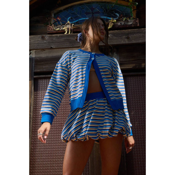 Vibrant Multi-Stripe Dual-Button Knit Cardigan With Bubble Skirt