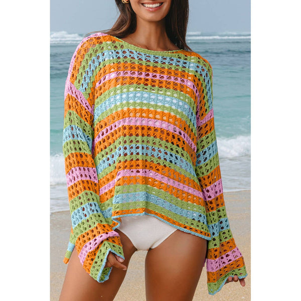 Multi Stripe Open Knit Sweater Beach Cover Up