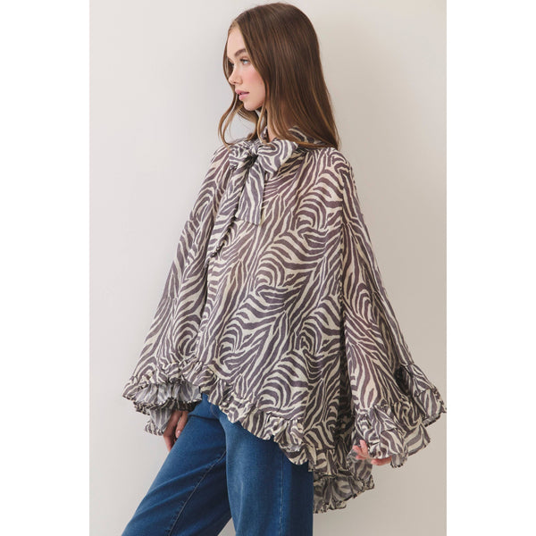 TCEC - CT10165-Zebra Print Ruffle Detail High Low Hem Blouse