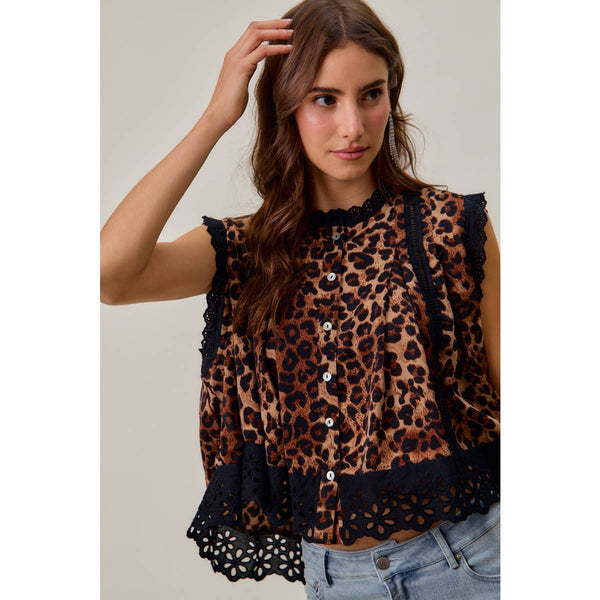 So Me - LEOPARD BUTTON UP PLEATED SLEEVELESS BLOUSE TOP