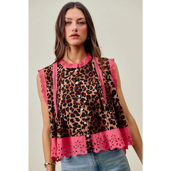 So Me - LEOPARD BUTTON UP PLEATED SLEEVELESS BLOUSE TOP