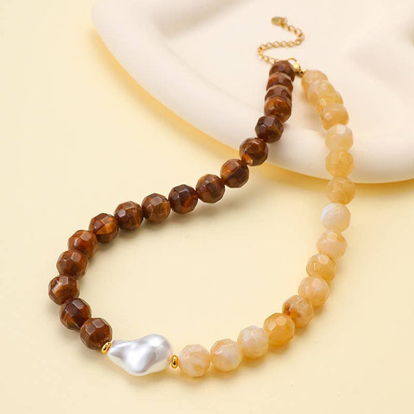 JOSSLYN by wall to wall - Two-Tone Faceted Natural Stone & Pearl Necklace | 40NK9770