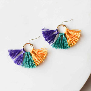 The Royal Standard - Bon Temps Tassel Earrings    Purple/Green/Yellow   1.5"