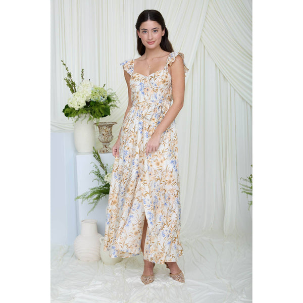 FLORAL WAIST TIE FRONT SLIT SLEEVELESS MIDI DRESS