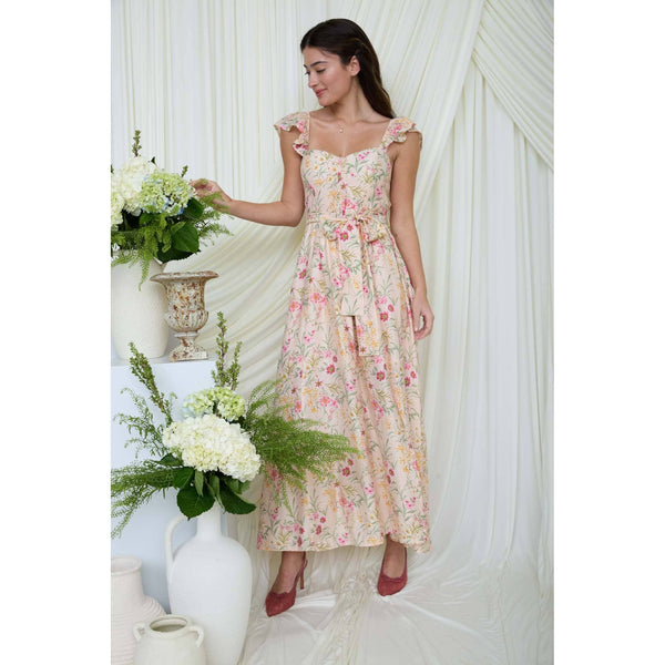 FLORAL WAIST TIE FRONT SLIT SLEEVELESS MIDI DRESS