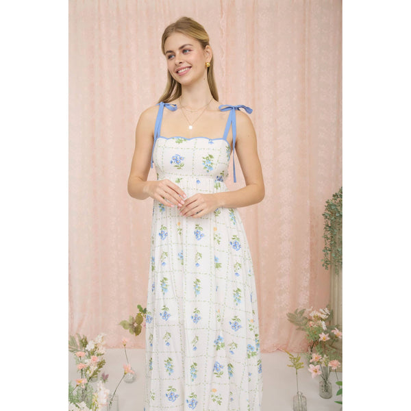 FLORAL TILE PATTERN SCALLOPED TIE STRAP MIDI DRESS