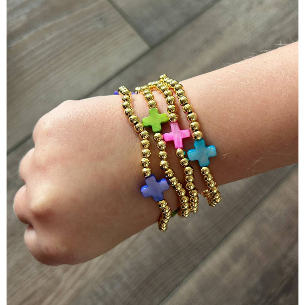 Gold with Colored Cross Beaded Stretch Bracelet