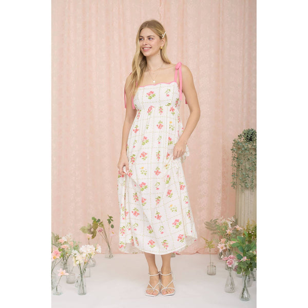 FLORAL TILE PATTERN SCALLOPED TIE STRAP MIDI DRESS
