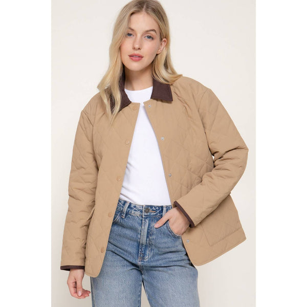Long Sleeve Lapel Collar Quilted Puffer Jacket